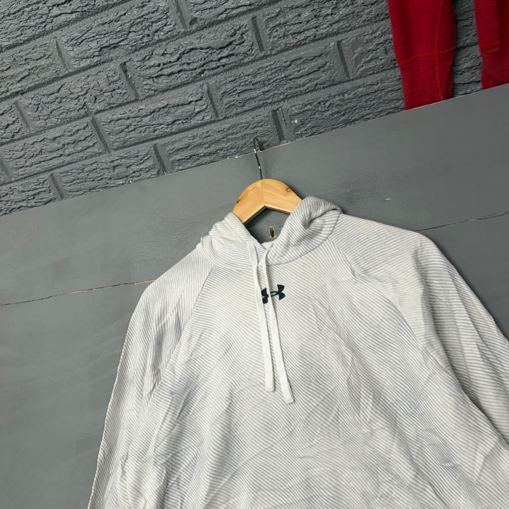 Under Armour Mens White Gray Striped Pullover Hoodie Fleece Sweatshirt Large